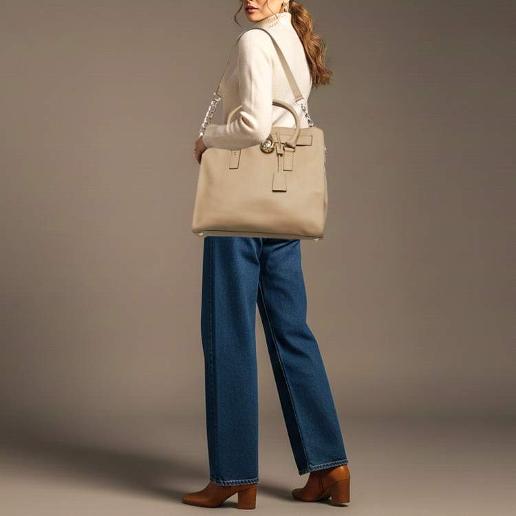 Pre Owned Michael Kors Hamilton North South Large Beige Leather Tote