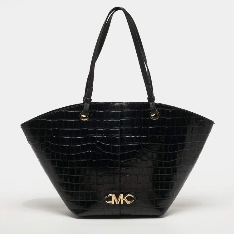 Pre Owned Michael Kors Izzy Black Croc Embossed Leather Tote