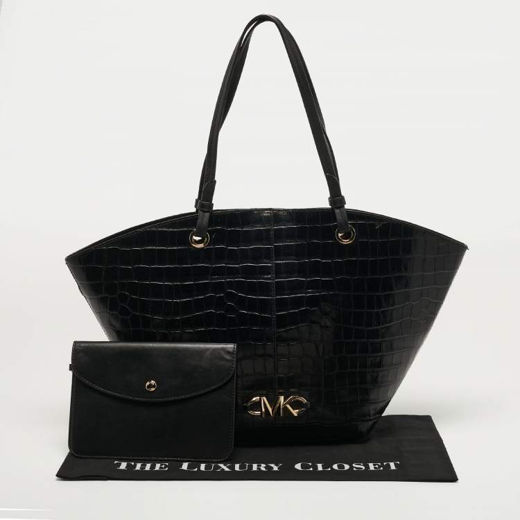 Pre Owned Michael Kors Izzy Black Croc Embossed Leather Tote