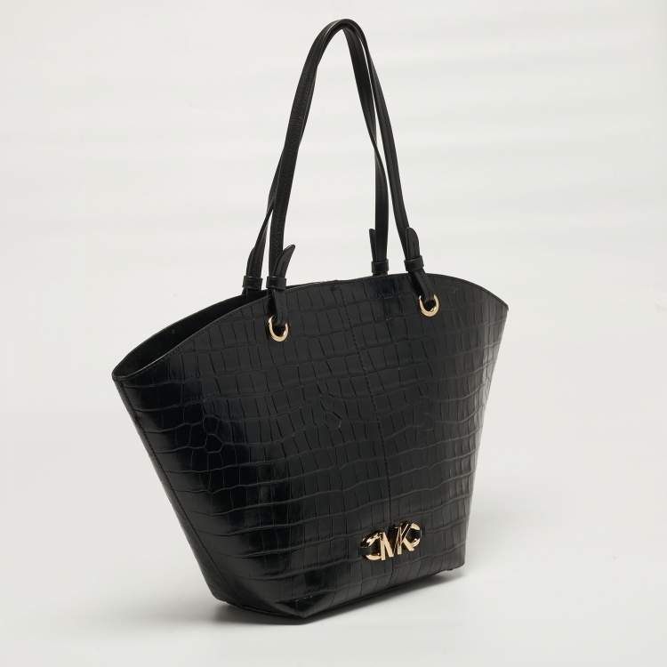 Pre Owned Michael Kors Izzy Black Croc Embossed Leather Tote