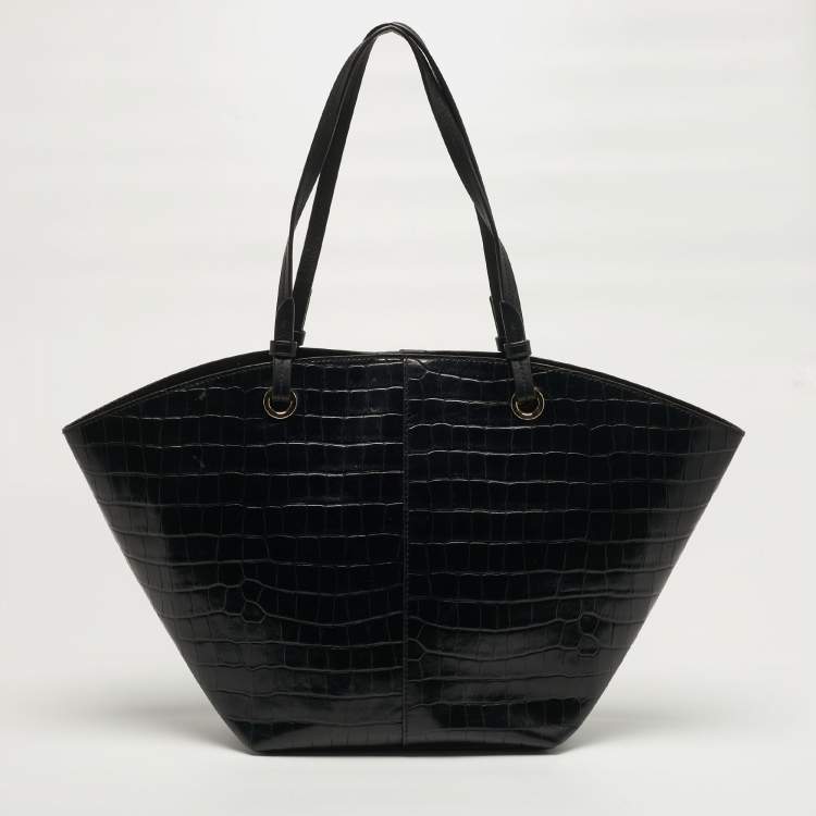 Pre Owned Michael Kors Izzy Black Croc Embossed Leather Tote