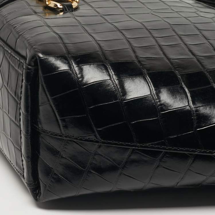 Pre Owned Michael Kors Izzy Black Croc Embossed Leather Tote