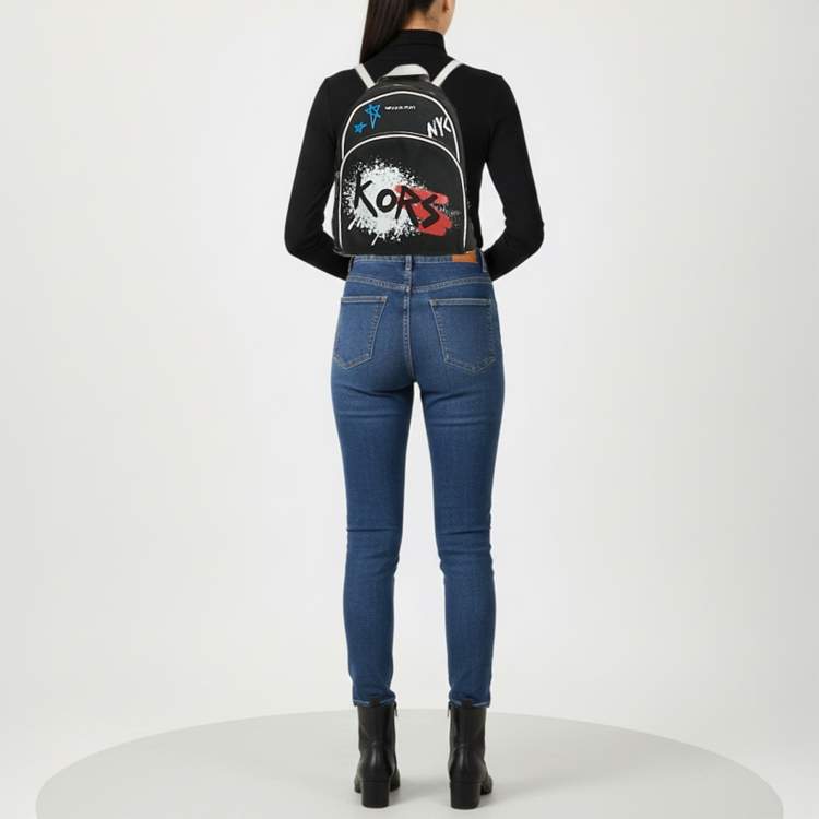 Pre Owned Michael Kors Abbey Small Black/White Canvas Graffiti Backpack