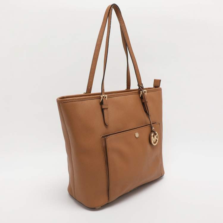 Pre Owned Michael Kors Jet Set Brown Saffiano Leather Snap Pocket Tote