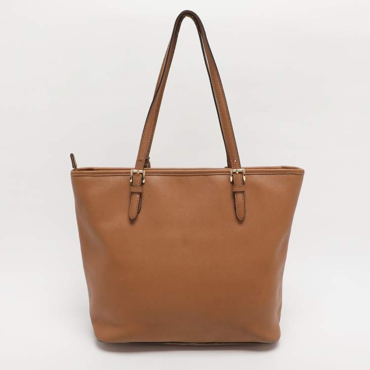 Pre Owned Michael Kors Jet Set Brown Saffiano Leather Snap Pocket Tote