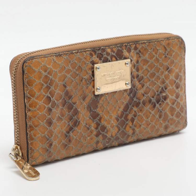Pre Owned Michael Kors Jet Set Orange Snakeskin Embossed Leather Zip Around Wallets