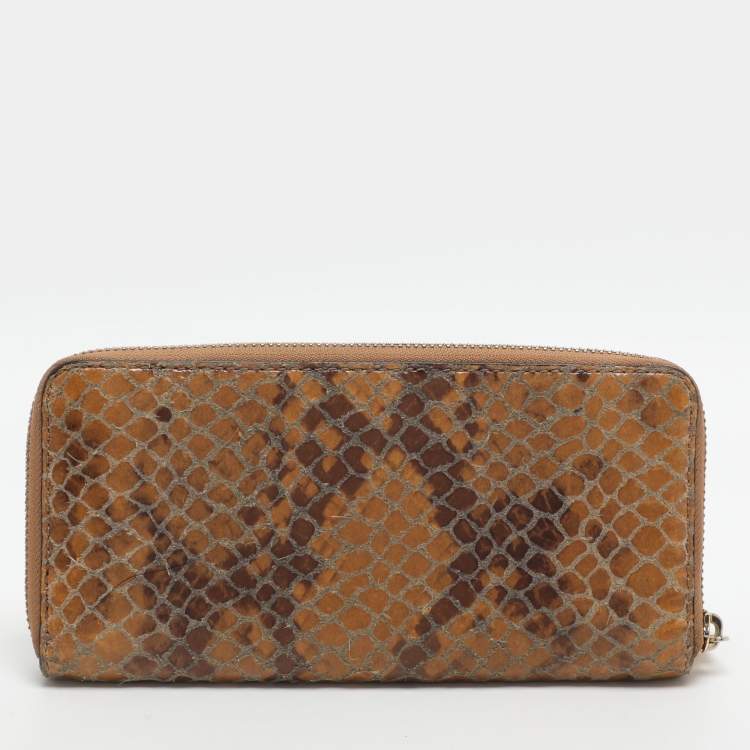 Pre Owned Michael Kors Jet Set Orange Snakeskin Embossed Leather Zip Around Wallets