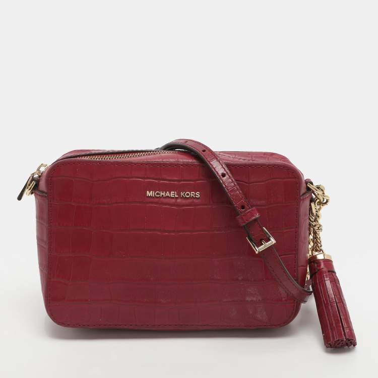 Pre Owned Michael Kors Ginny Medium Fuchsia Croc Embossed Leather Shoulder Bag