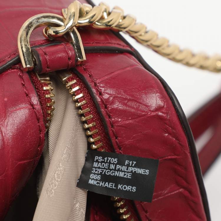 Pre Owned Michael Kors Ginny Medium Fuchsia Croc Embossed Leather Shoulder Bag