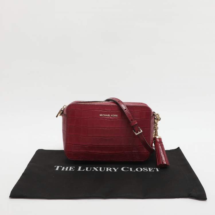 Pre Owned Michael Kors Ginny Medium Fuchsia Croc Embossed Leather Shoulder Bag