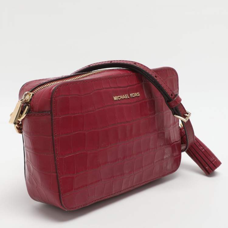 Pre Owned Michael Kors Ginny Medium Fuchsia Croc Embossed Leather Shoulder Bag