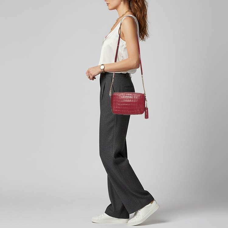 Pre Owned Michael Kors Ginny Medium Fuchsia Croc Embossed Leather Shoulder Bag
