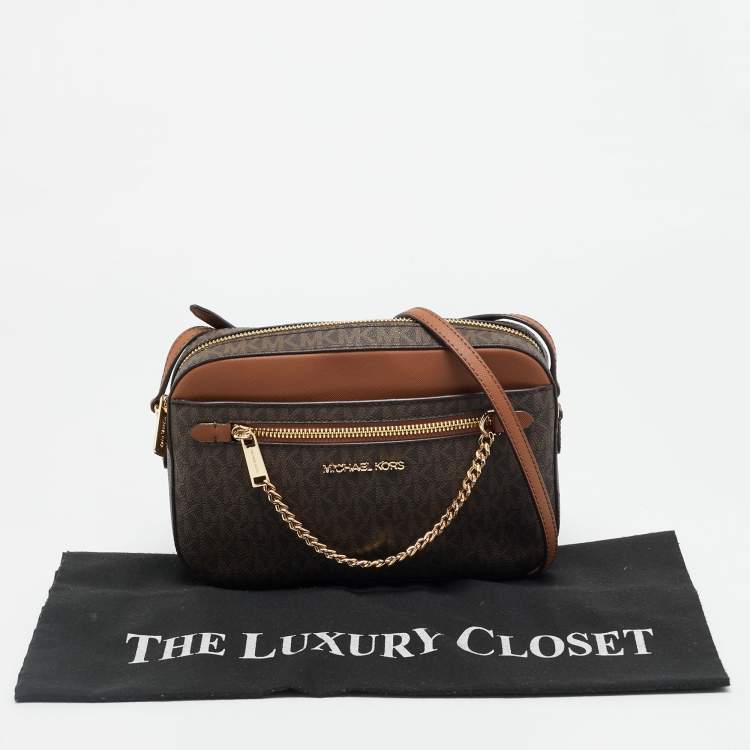 Pre Owned Michael Kors Jet Set Brown Signature Coated Canvas and Leather Crossbody Bag