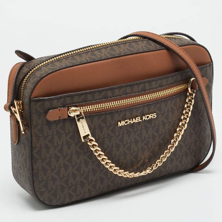 Pre Owned Michael Kors Jet Set Brown Signature Coated Canvas and Leather Crossbody Bag