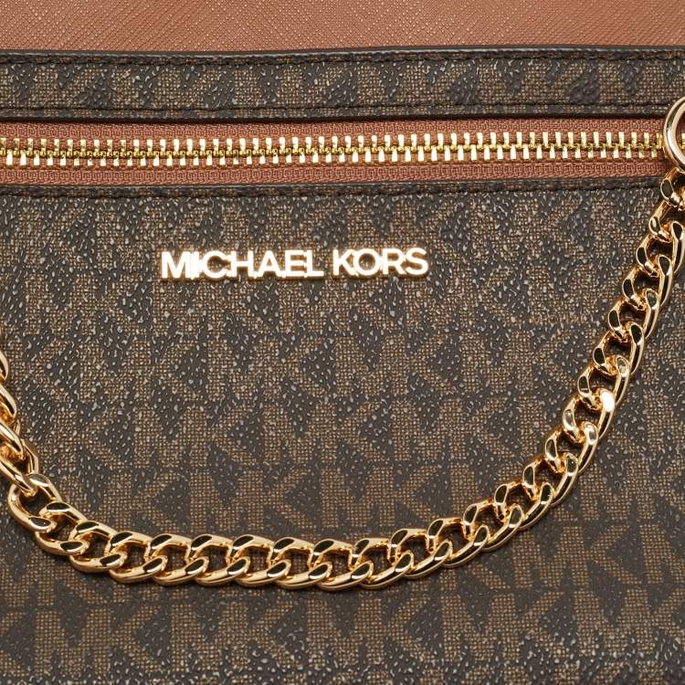 Pre Owned Michael Kors Jet Set Brown Signature Coated Canvas and Leather Crossbody Bag