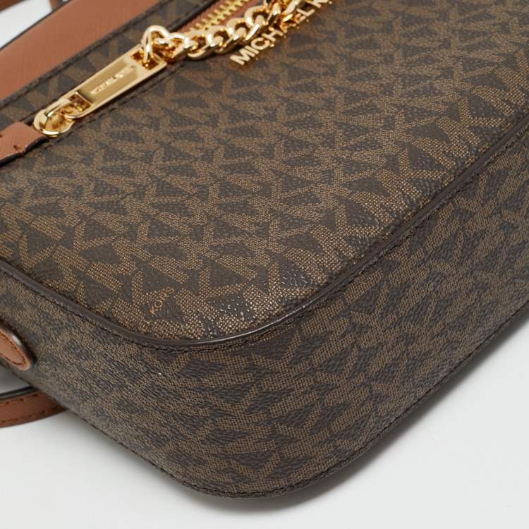 Pre Owned Michael Kors Jet Set Brown Signature Coated Canvas and Leather Crossbody Bag