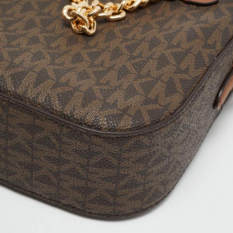 Pre Owned Michael Kors Jet Set Brown Signature Coated Canvas and Leather Crossbody Bag