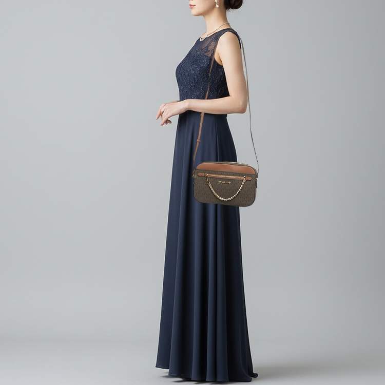 Pre Owned Michael Kors Jet Set Brown Signature Coated Canvas and Leather Crossbody Bag