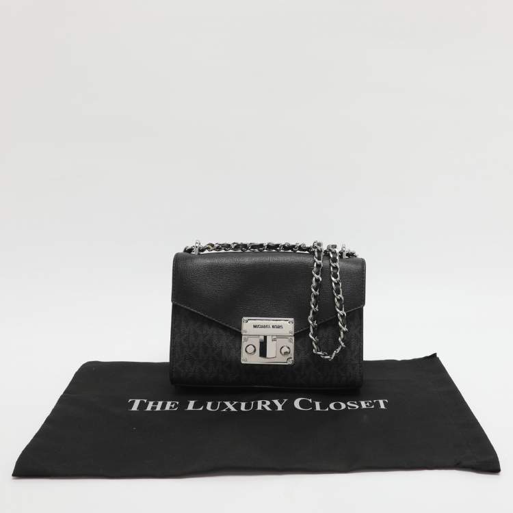 Pre Owned Michael Kors Rose Black/Grey Signature Coated Canvas and Leather Shoulder Bag