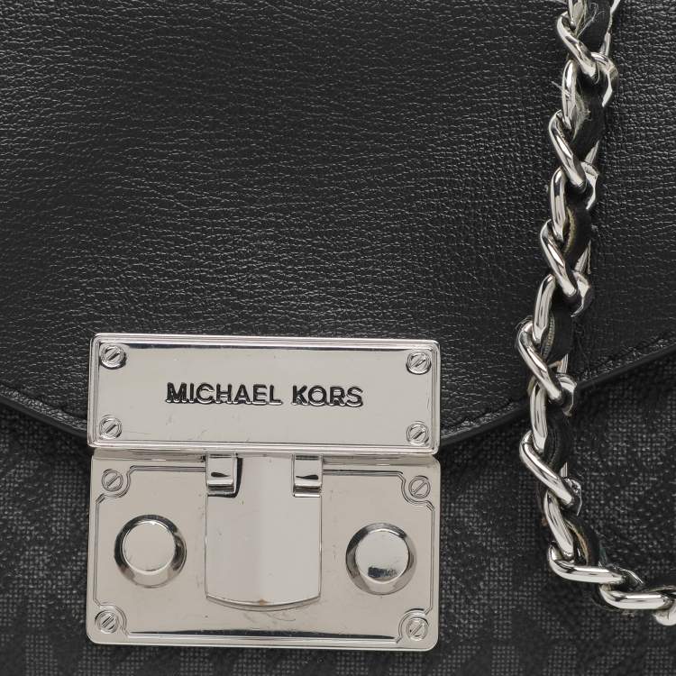 Pre Owned Michael Kors Rose Black/Grey Signature Coated Canvas and Leather Shoulder Bag