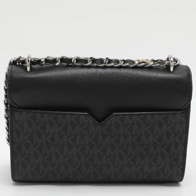 Pre Owned Michael Kors Rose Black/Grey Signature Coated Canvas and Leather Shoulder Bag