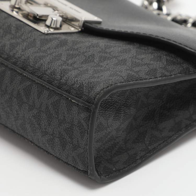 Pre Owned Michael Kors Rose Black/Grey Signature Coated Canvas and Leather Shoulder Bag