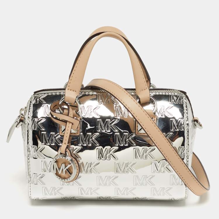 Pre Owned Michael Kors Grayson Silver Signature Embossed Mirror Patent Leather Duffle Crossbody Bag