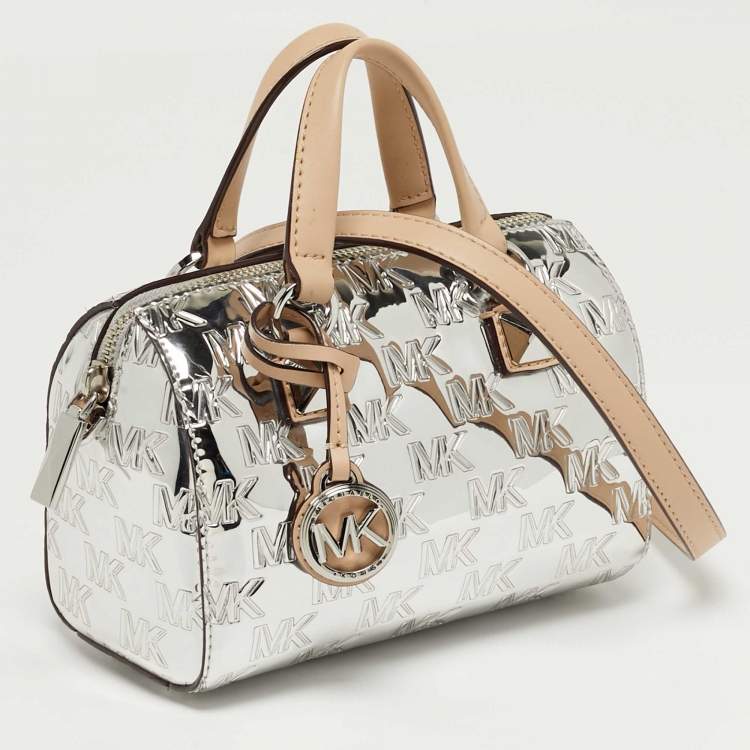 Pre Owned Michael Kors Grayson Silver Signature Embossed Mirror Patent Leather Duffle Crossbody Bag