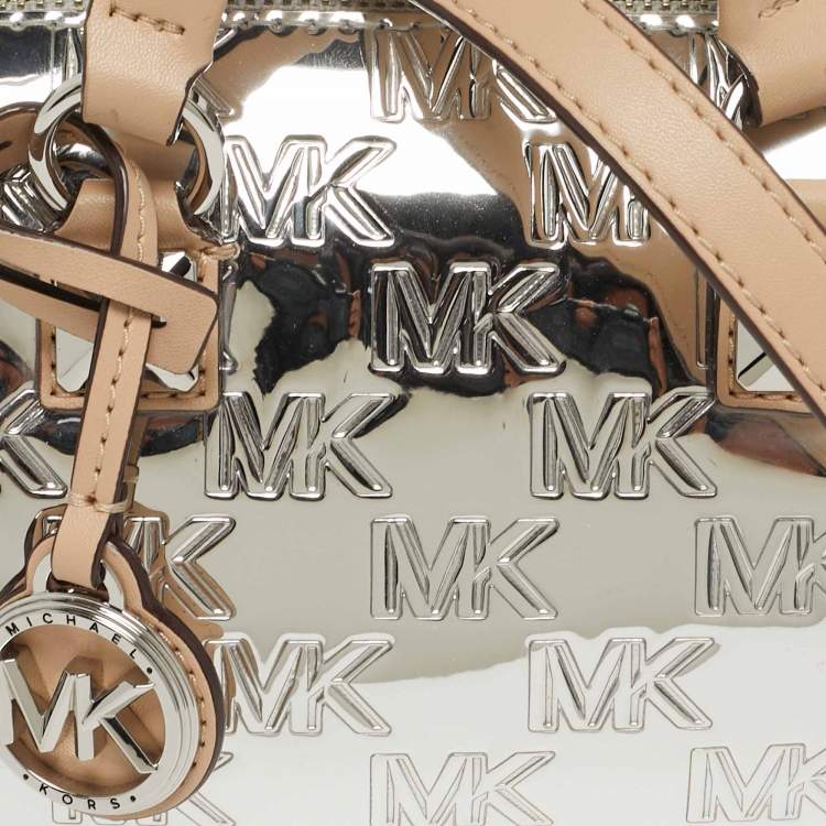 Pre Owned Michael Kors Grayson Silver Signature Embossed Mirror Patent Leather Duffle Crossbody Bag