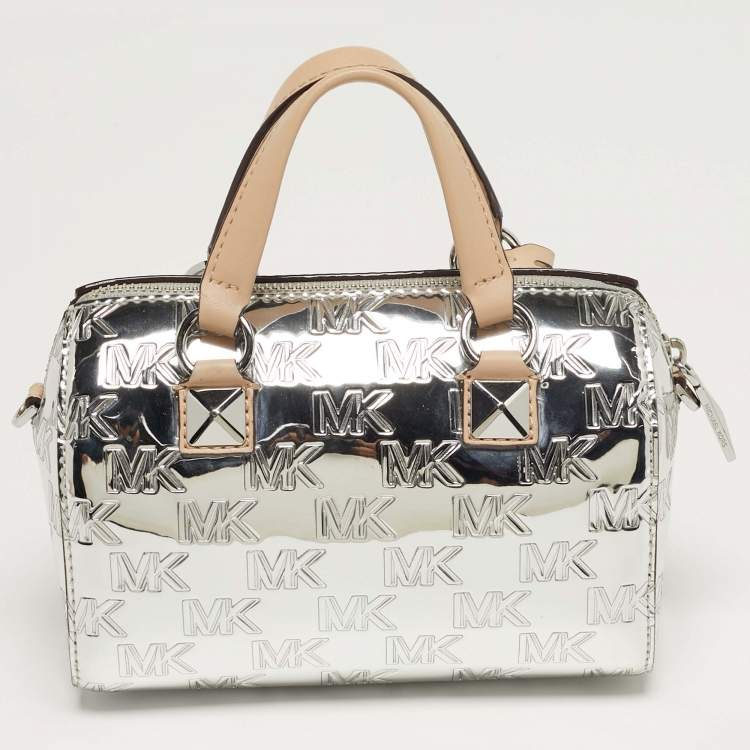 Pre Owned Michael Kors Grayson Silver Signature Embossed Mirror Patent Leather Duffle Crossbody Bag