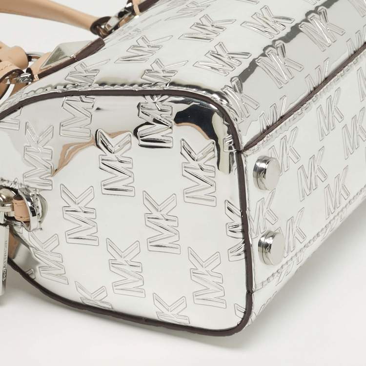 Pre Owned Michael Kors Grayson Silver Signature Embossed Mirror Patent Leather Duffle Crossbody Bag