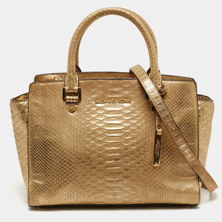 مملوكة مسبقًا Michael Kors Selma Medium Gold Python Embossed Leather Tote