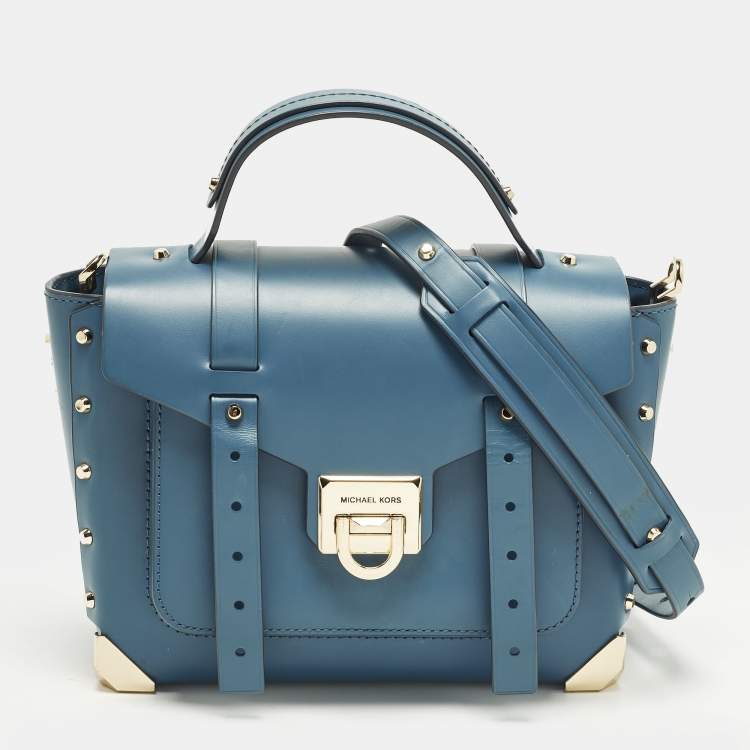 Pre Owned Michael Kors Manhattan Medium Blue Leather Top Handle Bag