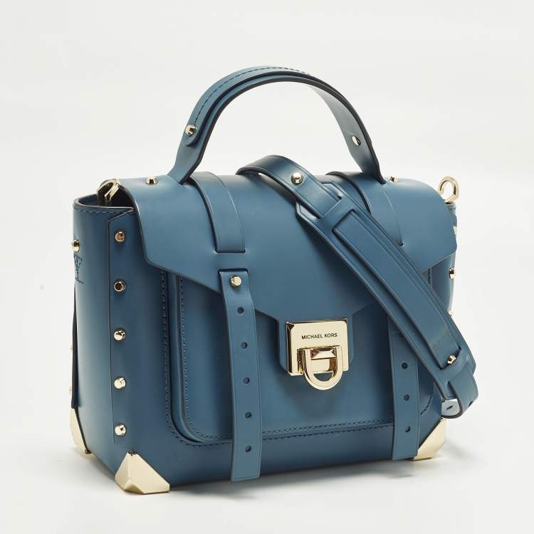 Pre Owned Michael Kors Manhattan Medium Blue Leather Top Handle Bag