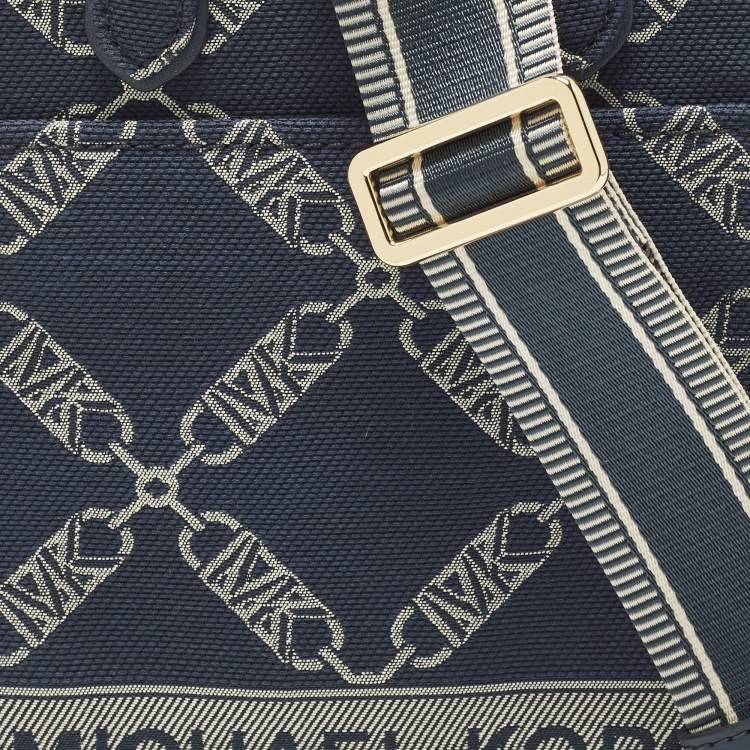 Pre Owned Michael Kors Gigi Extra-Small Navy Blue Empire Logo Jacquard Canvas Crossbody Bag