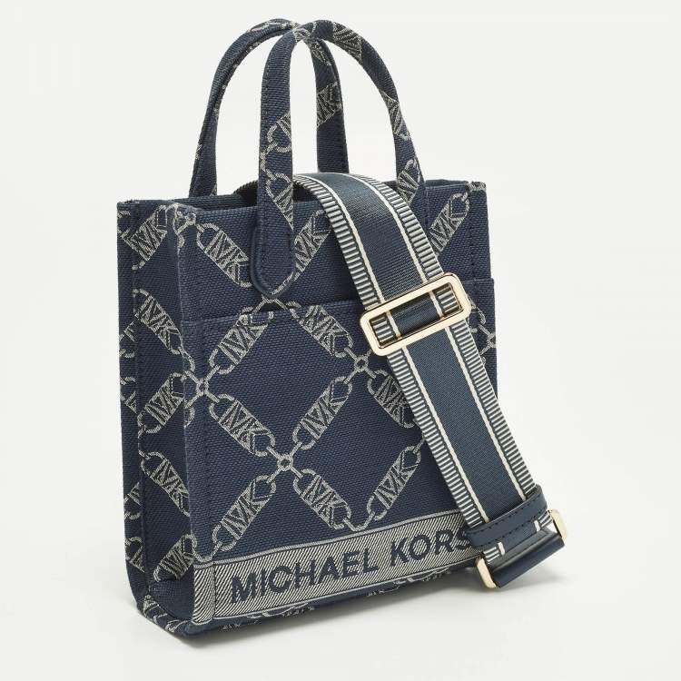 Pre Owned Michael Kors Gigi Extra-Small Navy Blue Empire Logo Jacquard Canvas Crossbody Bag