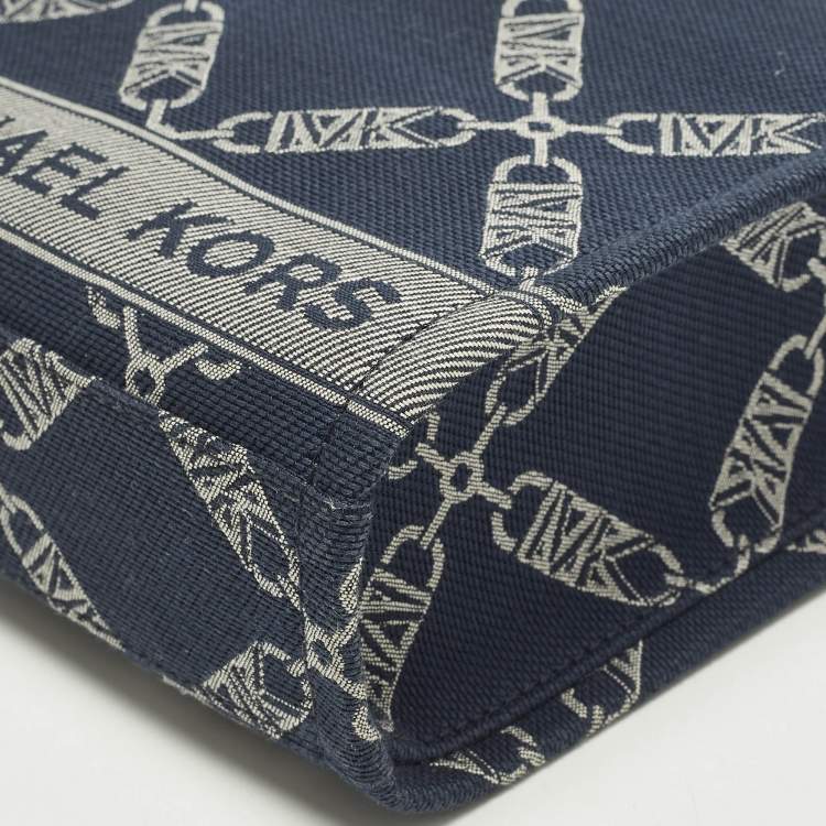 Pre Owned Michael Kors Gigi Extra-Small Navy Blue Empire Logo Jacquard Canvas Crossbody Bag