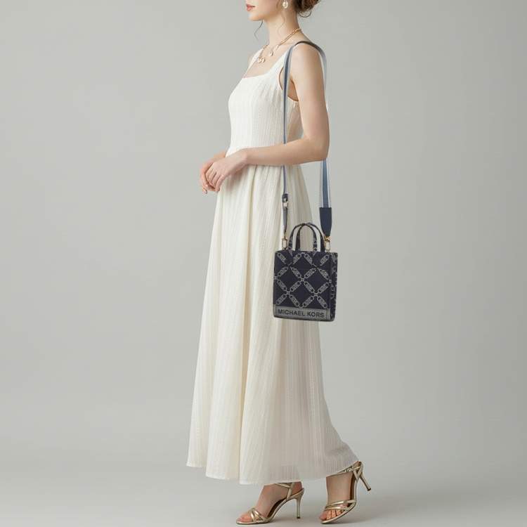 Pre Owned Michael Kors Gigi Extra-Small Navy Blue Empire Logo Jacquard Canvas Crossbody Bag