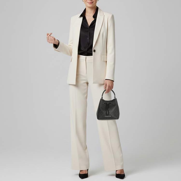 Pre Owned Michael Kors Suri Black Signature Coated Canvas and Leather Drawstring Bucket bag