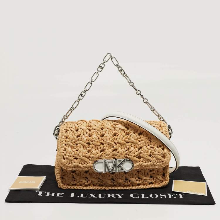 Pre Owned Michael Kors Parker Medium Beige/White Raffia and Leather Shoulder Bag