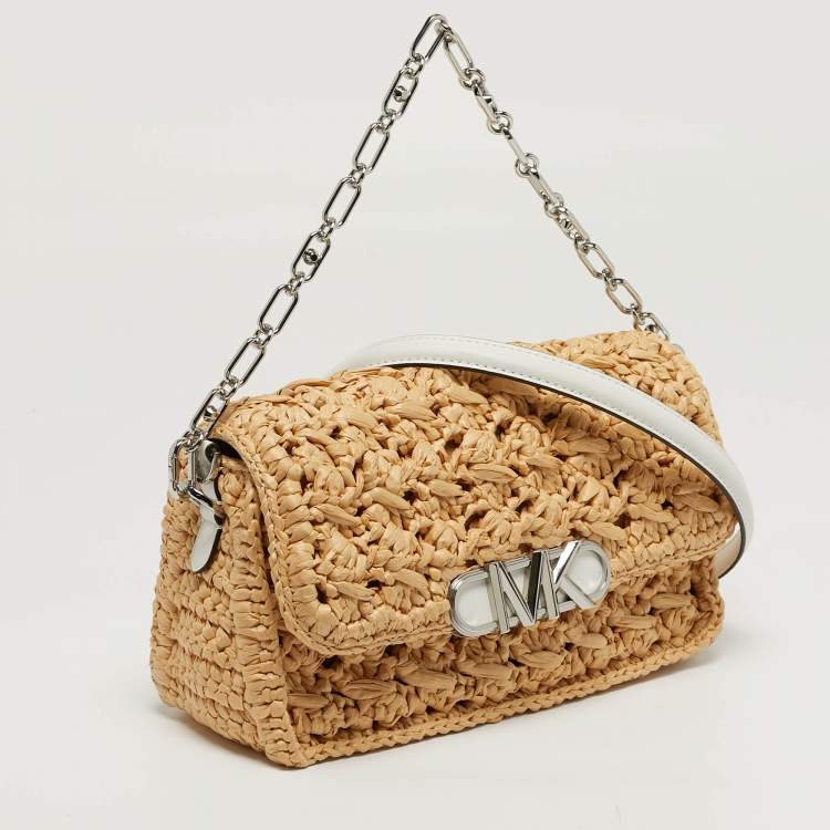 Pre Owned Michael Kors Parker Medium Beige/White Raffia and Leather Shoulder Bag