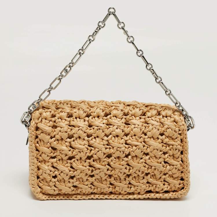 Pre Owned Michael Kors Parker Medium Beige/White Raffia and Leather Shoulder Bag