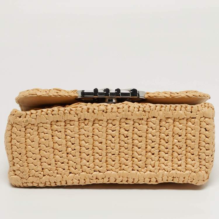 Pre Owned Michael Kors Parker Medium Beige/White Raffia and Leather Shoulder Bag