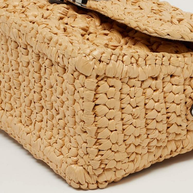 Pre Owned Michael Kors Parker Medium Beige/White Raffia and Leather Shoulder Bag