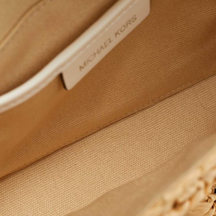 Pre Owned Michael Kors Parker Medium Beige/White Raffia and Leather Shoulder Bag