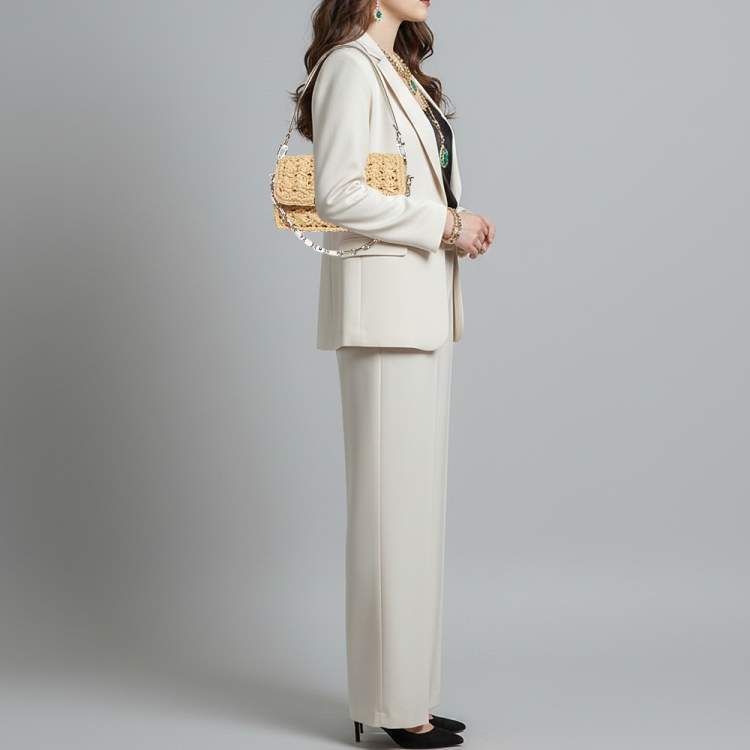 Pre Owned Michael Kors Parker Medium Beige/White Raffia and Leather Shoulder Bag