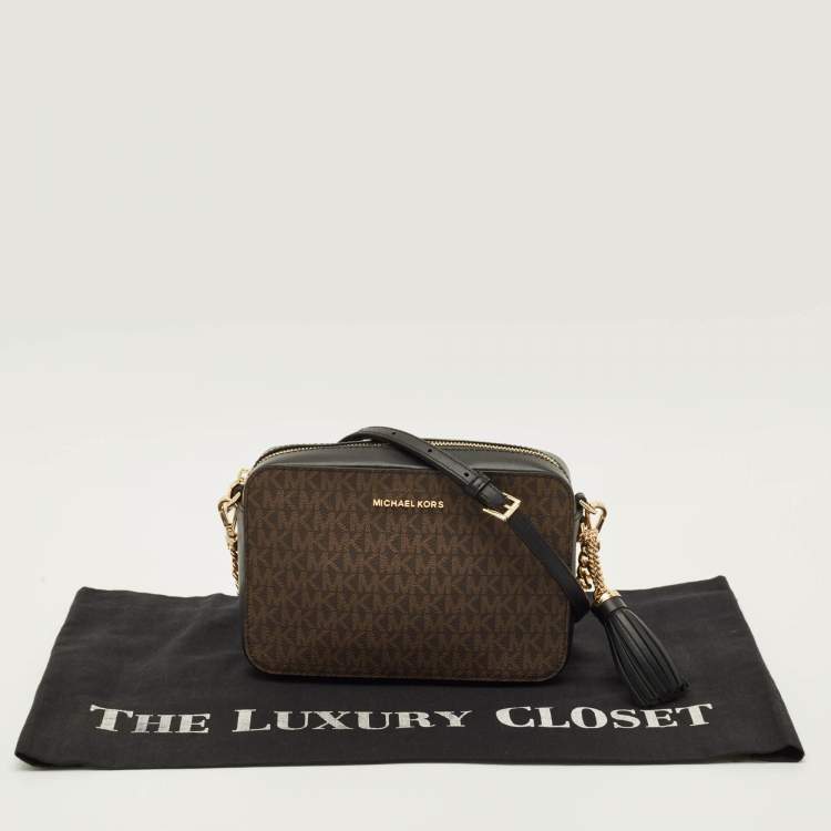 Pre Owned Michael Kors Jet Set Camera Tassel Brown/Black Signature Coated Canvas Crossbody Bag