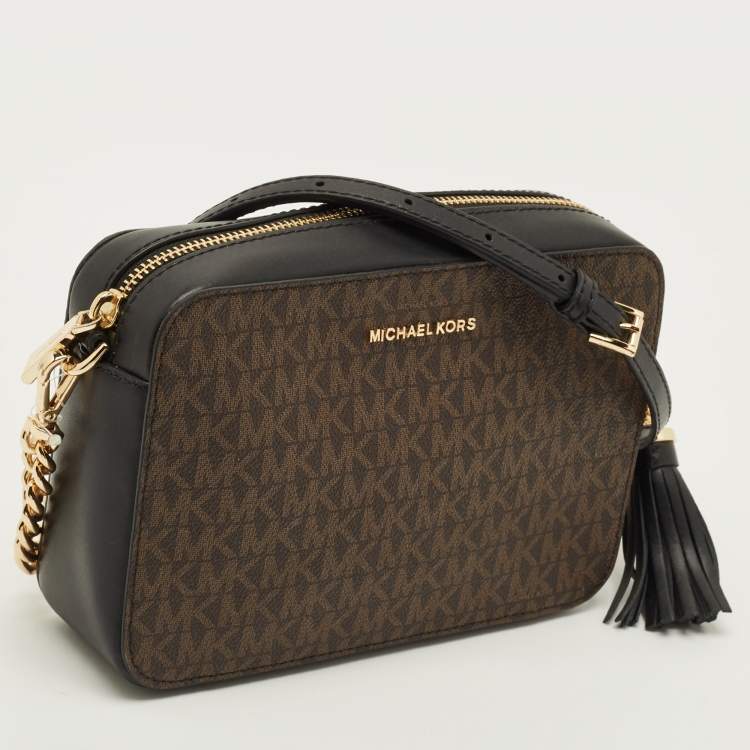 Pre Owned Michael Kors Jet Set Camera Tassel Brown/Black Signature Coated Canvas Crossbody Bag