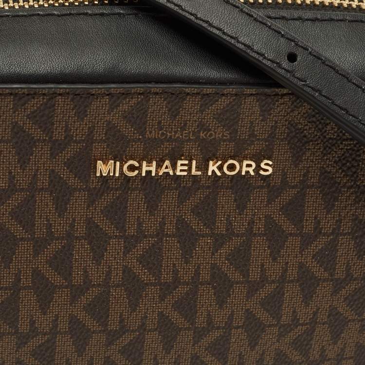 Pre Owned Michael Kors Jet Set Camera Tassel Brown/Black Signature Coated Canvas Crossbody Bag