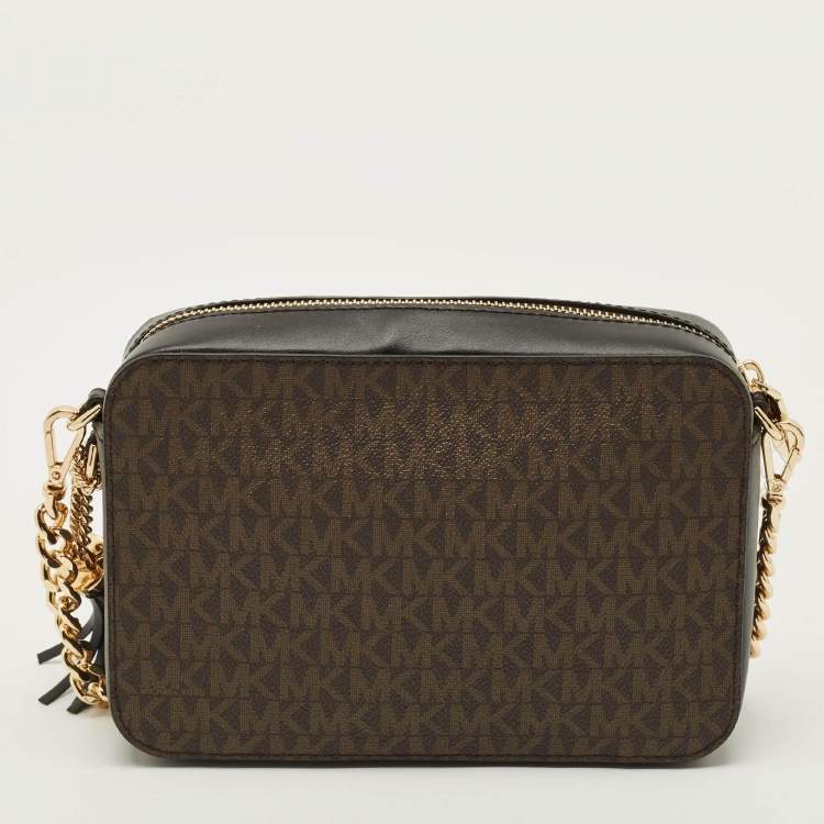 Pre Owned Michael Kors Jet Set Camera Tassel Brown/Black Signature Coated Canvas Crossbody Bag